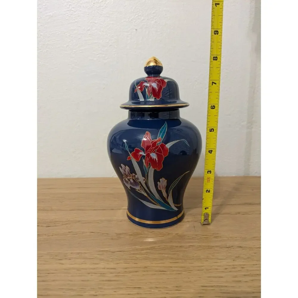 Vintage Japan Vase with Lid Floral Blue &‎ Gold Porcelain Fine China Decor
